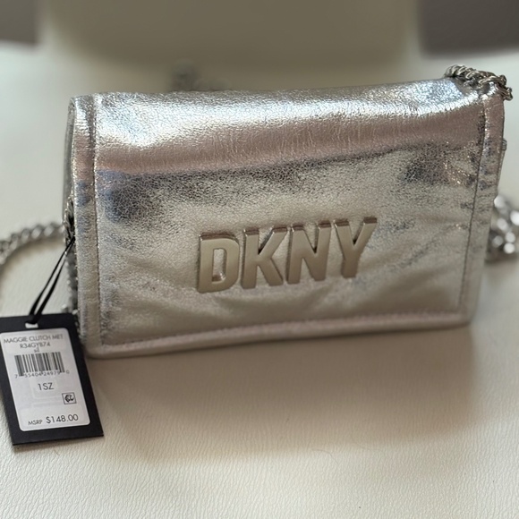 DKNY Silver Metallic Clutch with crossbody strap - Picture 1 of 6